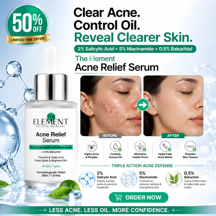 The Element Acne Relief Serum – Clear Acne, Control Oil & Reveal Clearer Skin – Triple Action Acne Defense – Fights Acne, Controls Oil, Minimizes Pores, Fades Marks