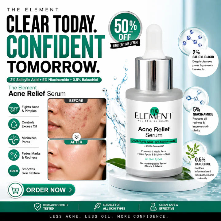 The Element Acne Relief Serum – Clear Acne, Control Oil & Reveal Clearer Skin – Triple Action Acne Defense – Fights Acne, Controls Oil, Minimizes Pores, Fades Marks