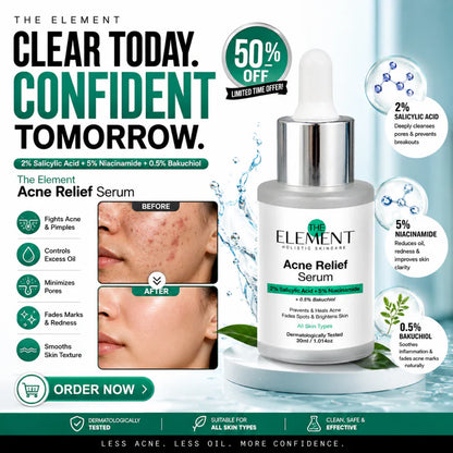 The Element Acne Relief Serum – Clear Acne, Control Oil & Reveal Clearer Skin – Triple Action Acne Defense – Fights Acne, Controls Oil, Minimizes Pores, Fades Marks