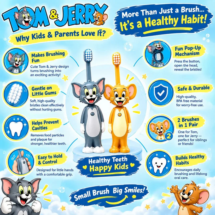 Tom & Jerry Toothbrush Set – 2-Piece Pair (Tom + Jerry) - Pop-Up Character & Soft Bristles