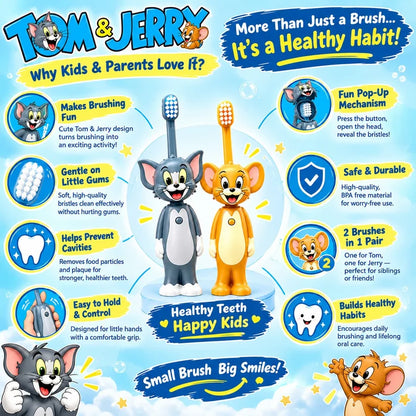 Tom & Jerry Toothbrush Set – 2-Piece Pair (Tom + Jerry) - Pop-Up Character & Soft Bristles